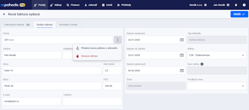 Dodací adresa bez vazby na dokladu